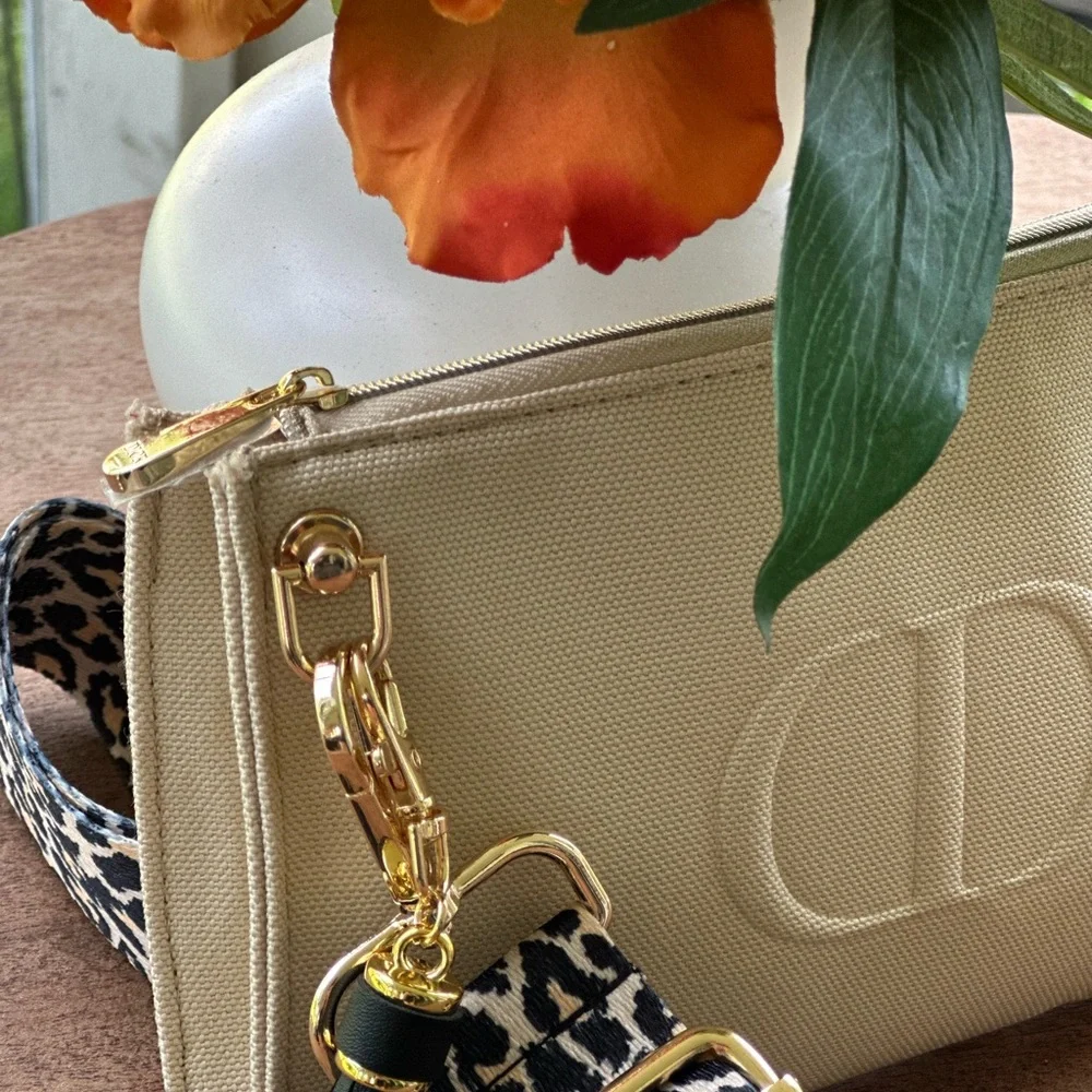 Beauty Counter Beige Cosmetic Cross body Bag with Gold Accents Upcycled GWP